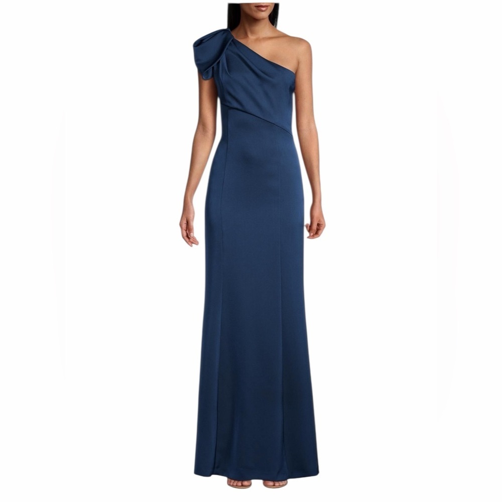 NWOT Aidan Mattox Blue One Shoulder Cap Sleeve Formal Evening Gown Maxi Size 4